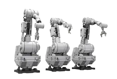 Three robotic arms at different positions.